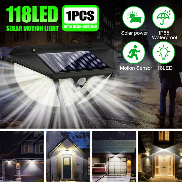 118LED Solar Motion Sensor Wall Light Outdoor Waterproof IP65 Garden Street Lamp